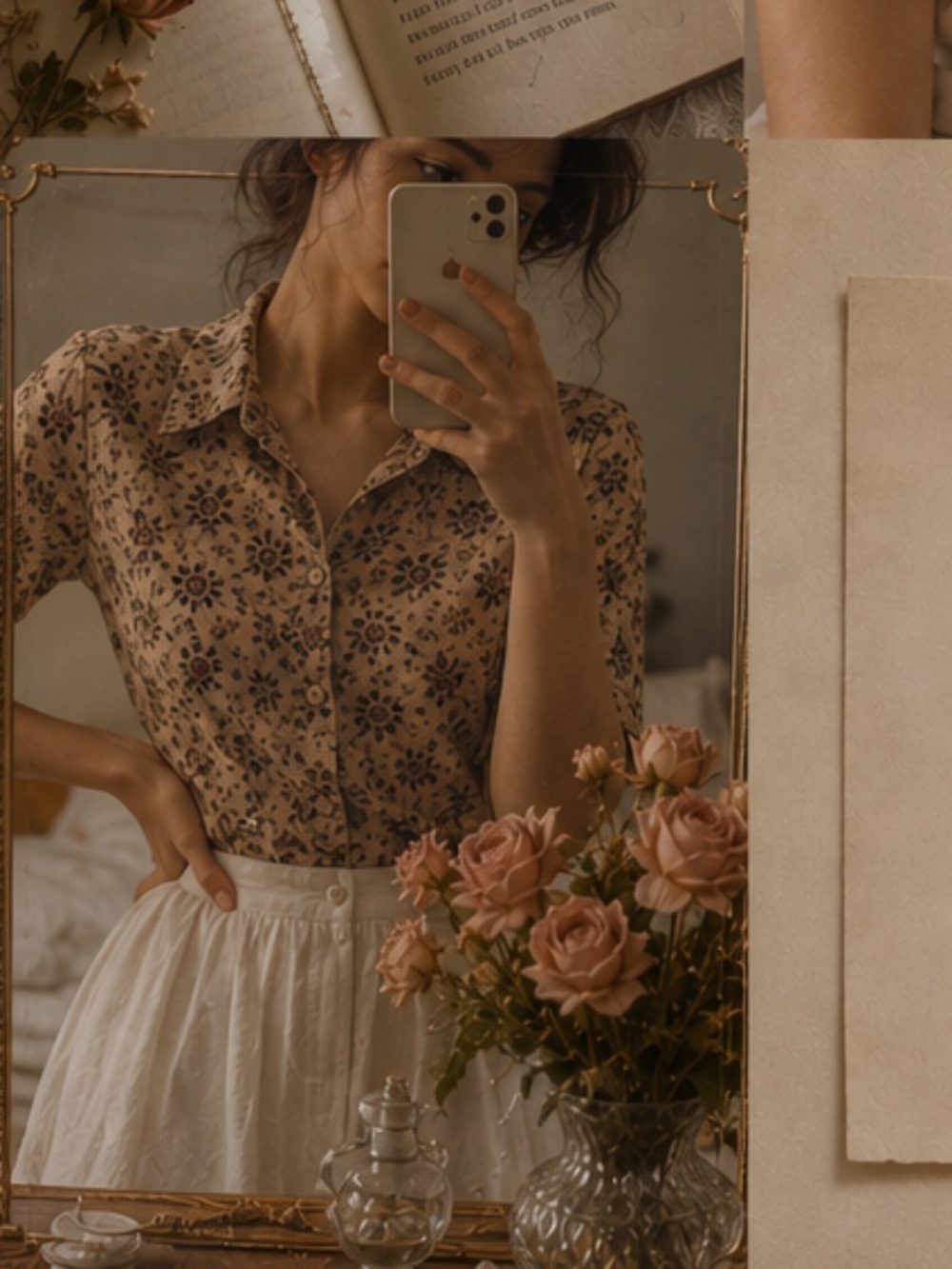VTG 90s Anne Klein Beige Floral Hidden Button Blouse Soft Academia Shirt Petite